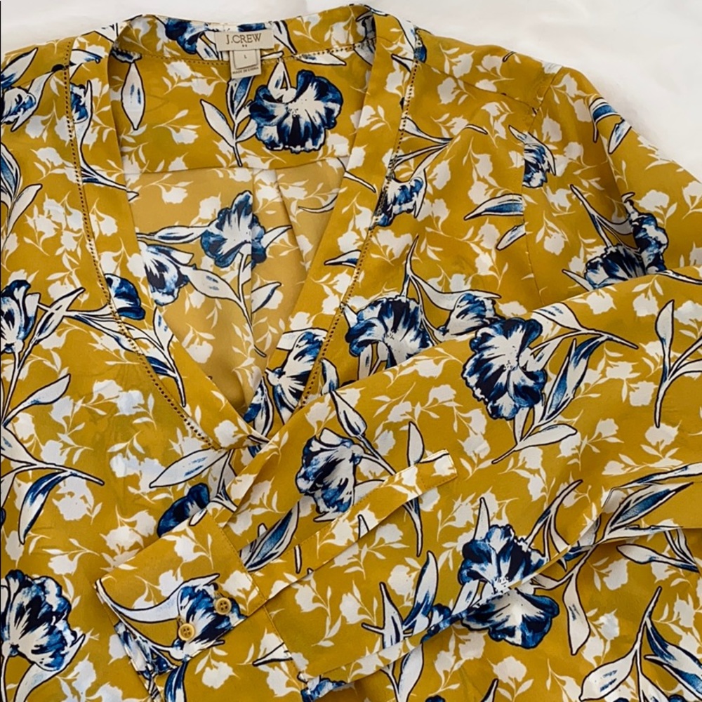 J. Crew Factory Mustard Yellow Floral Blouse with Blue and White Accents